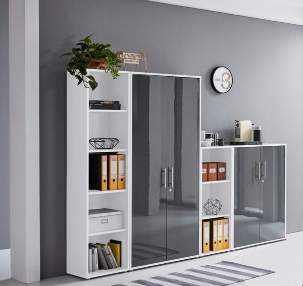 moebel-dich-auf Aktenschrank TABOR 4 (abschließbar, 4-tlg, Büroschrank ideal für DIN 4 Ordner) mit Edelstahlgriffen & lackierten Fronten, MADE IN GERMANY