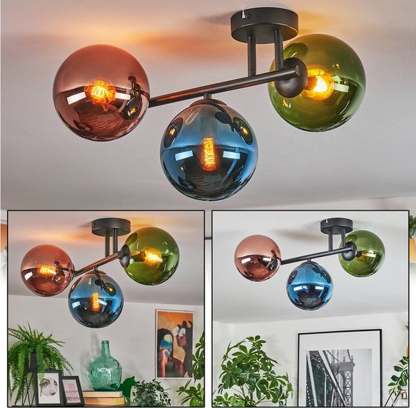 hofstein Deckenleuchte Deckenlampe aus Metall/Glas in Schwarz/Blau/Grün/Kupferfarben, ohne Leuchtmittel, Deckenleuchte im modernen Vintage-Design (Schirme Ø 15 cm), 3 x E14