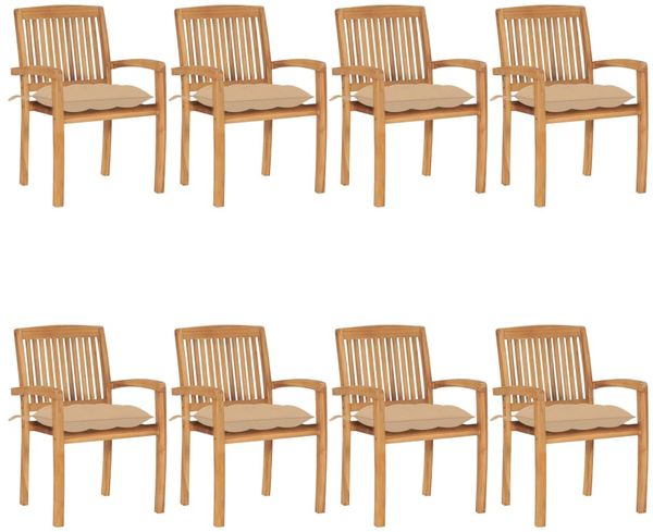 vidaXL Stapelbare Gartenstühle mit Kissen 8 Stk. Massivholz Teak 3073282