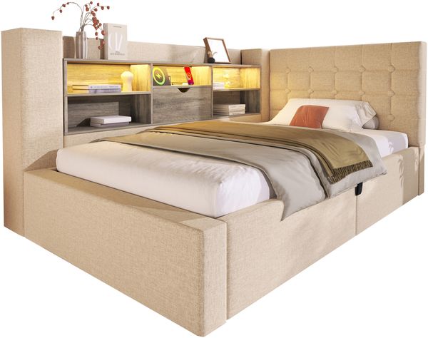 Polsterbett Einzelbett, mit LED-Beleuchtung hydraulischem Stauraum L-förmigem Kopfteil mit Stauraum beidseitig montierbar Lattenrost ohne Matratze, Leinenstoff, Beige, 90 x 190 cm Bild 7