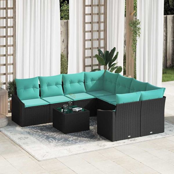 vidaXL Sofa Set mit Kissen 9 pcs Schwarz und Türkis Poly-Rattan 3346666