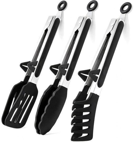 TUWENA Kochzange Küchenzange Silikon 3er-Set, Edelstahl Zange Küche mit Silikonspitzen, Grillzange Silikon mit 3 Haken, Grill, Pasta & Salad Cooking Utensils