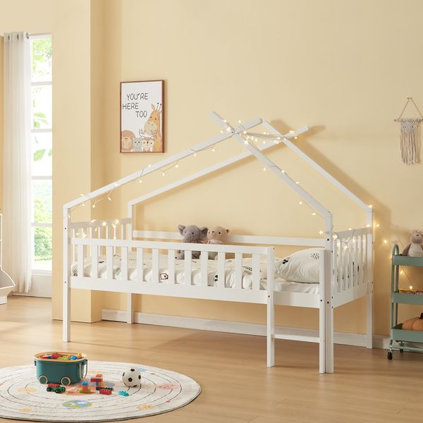 Hausbett Sotkamo 90x200cm mit Rausfallschutz Kiefernholz Weiß [en. casa]