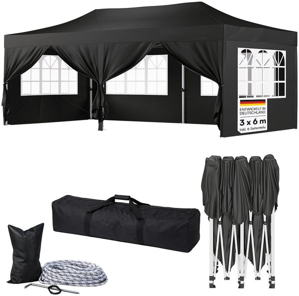 STEELSØN 'Rynara' Pavillon 3x6 m, schwarz, wasserdicht, stabil und UV-beständig, Faltpavillon mit 6 Seitenteilen, Pop Up Pavillon inkl. Tragetasche