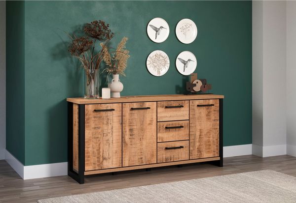 trendteam smart living - Enna - Sideboard - Mango/Schwarz - Kommode mit 3 Türen, 3 Einlegeböden und 3 Schubladen - (BxHxT) 180 x 86 x 45 cm – Schubladen mit Vollauszug-Funktion