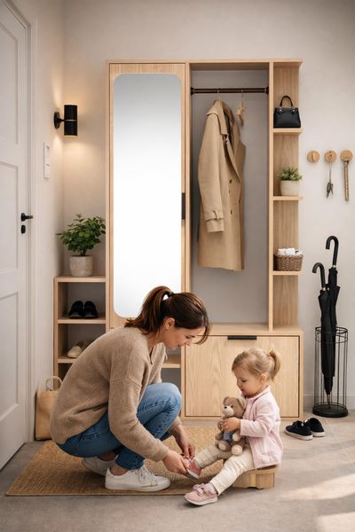 AX LIVING Garderobe Nemrut Holzoptik mit Spiegel – Flurmöbel mit Stauraum