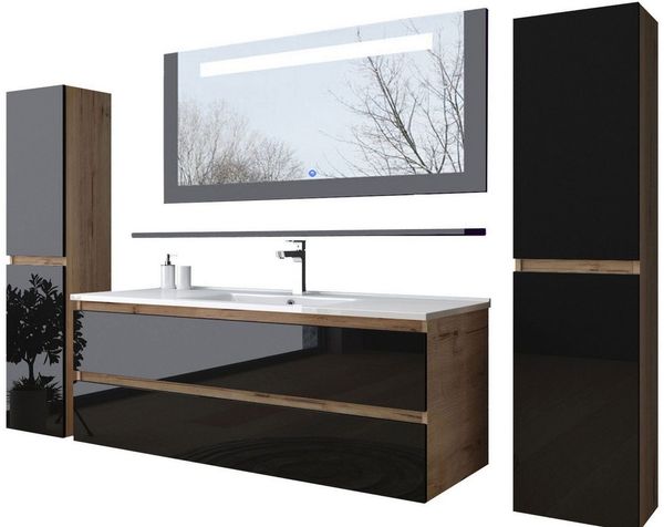 Homeline Badezimmer-Set Badmöbel Set 90 cm Eiche / Schwarz Kaiser Mit Danny Spiegel schwarz, (Badezimmer Möbel, Bad Möbelset)