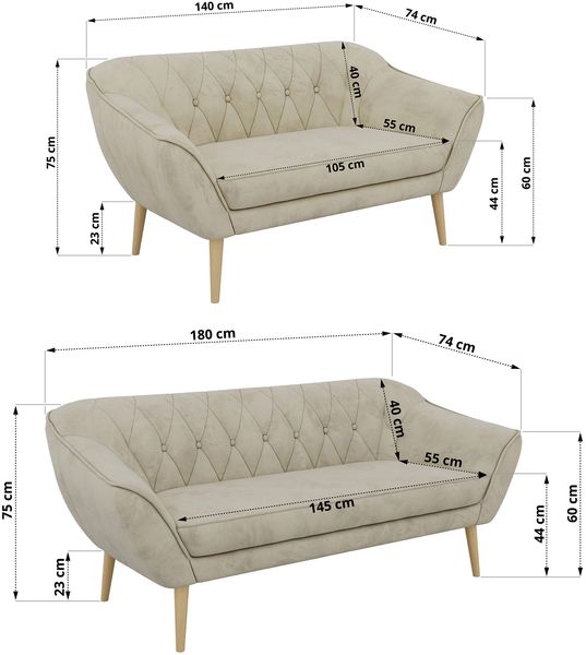 Skandinavisches Sofa Set PIRS 3-2, Komplettset, Wellenfederung, Buche Füße, Sitzgruppe, Polstermöbel Set - Beige Velvet Bild 5