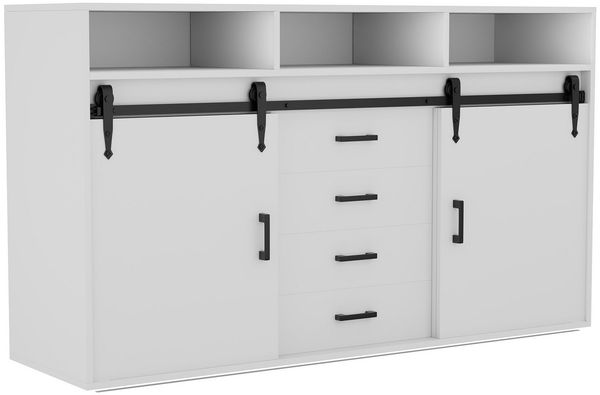 HOMAVO Sideboard HG1 kommode mit Schiebetüren & 4 Schubladen – 140 cm (FSC®, viel Stauraum, pflegeleicht), für Wohnzimmer Schlafzimmer Büro Flur