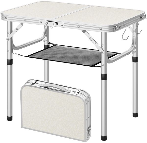 WOLTU Klapptisch Höhenverstellbar 25/36/50/60 cm, 60x40 cm Tischplatte, mit Aufbewahrungsnetz und Haken, aus MDF und Alu, Campingtisch für Picknick Grill Garten, Weiß