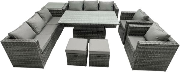 Fimous 10-Sitzer Outdoor Rattan Lounge Gartenmöbel Set Verstellbare Aufsteigende Beistelltische Kleine Hocker Dunkelgrau Gemischt