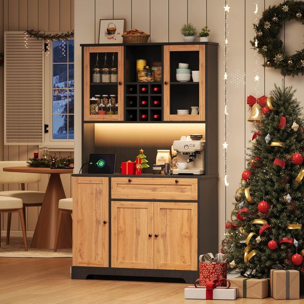 Merax Küchenschrank mit farbwechselnder LED-Beleuchtung und Steckdose, verstellbaren Einlegeböden, Natur, 180x105x40 cm