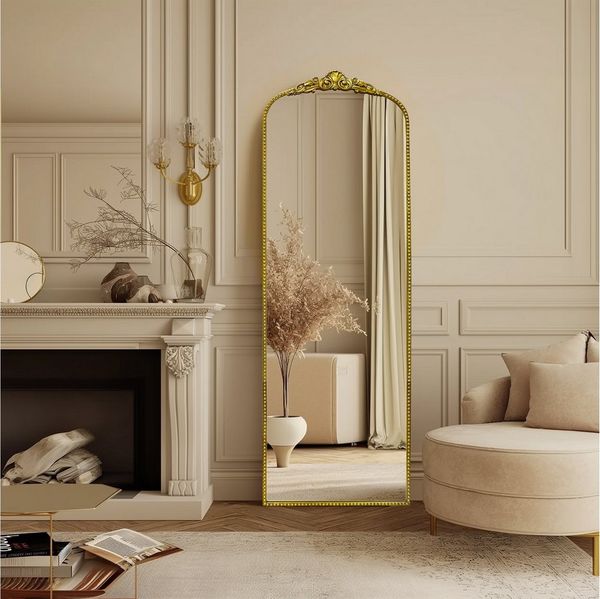 G-LEAF Spiegel Antiker Spiegel im Barockstil mit Metallrahmen von Perlenverzierung (1-St), Bogen-Wandspiegel, 90cm x 60cm, Vintage-Gold