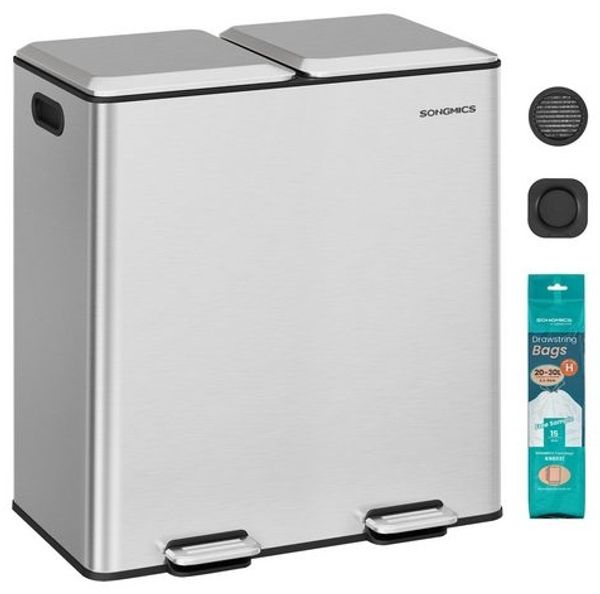SONGMICS Mülleimer Küche, 2 x 30 L, 2 Fächer, Mülltrennsystem, Softclose, herausnehmbare Inneneimer, Pedalen, Edelstahl, metallicsilber