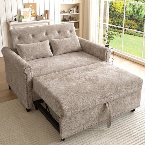 Merax Schlafsofa Sofabett, 2-Sitzer-Sofa aus Chenille, 120 x 80 x 82 cm/120 x 170 x 59 cm 1 Teile, 3-in-1 Schlafsofa mit verstellbarer Rückenlehne, 2 Kissen & Armlehnen