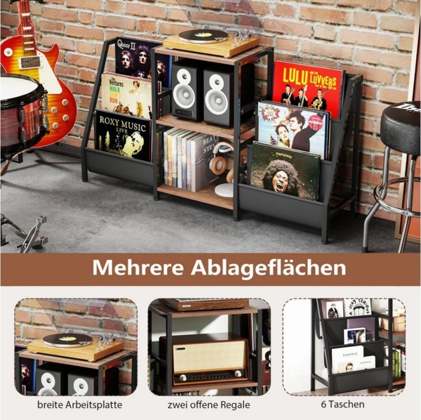 COSTWAY Bücherregal, Plattenspielerständer mit 3 Ablagen & Taschen, Metall Bild 2