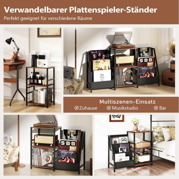 COSTWAY Bücherregal, Plattenspielerständer mit 3 Ablagen & Taschen, Metall Bild 3