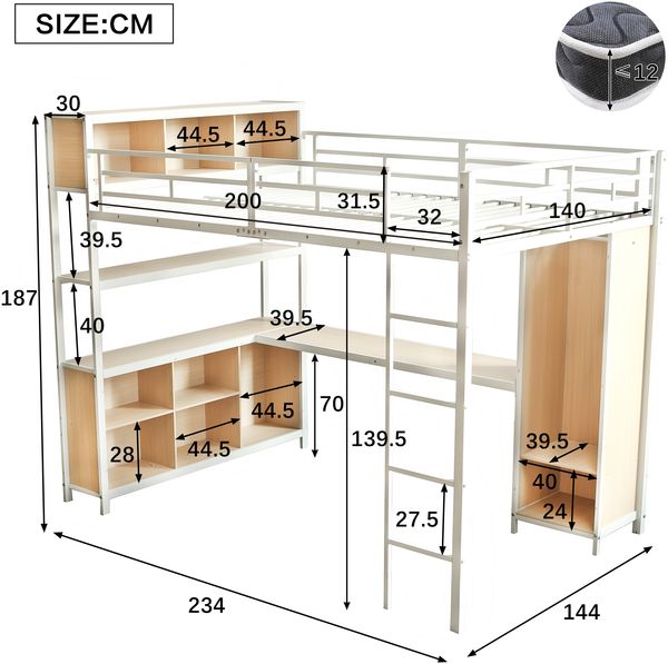 Eisenbett, Hochbett doppelstöckiger Stauraum unter dem Schreibtisch oberes Bett mit Stauraum mit Kleiderschrank, Eisen+Spanplatte, Weiß+Natur, 140 x 200 cm Bild 7