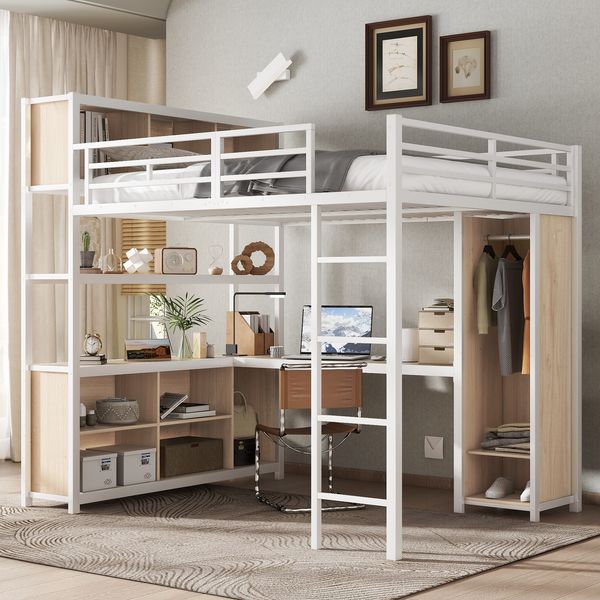 Eisenbett, Hochbett doppelstöckiger Stauraum unter dem Schreibtisch oberes Bett mit Stauraum mit Kleiderschrank, Eisen+Spanplatte, Weiß+Natur, 140 x 200 cm