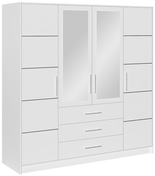 Masseno Drehtürenschrank ELISE 196 cm Kleiderschrank mit Spiegel 4 Türen und 3 Schubladen Weiß