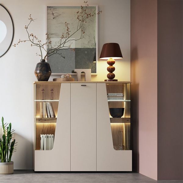 Lomadox Highboard CARMONA-129, in kaschmir und Eiche, 150 cm breit, inkl. LED-Beleuchtung