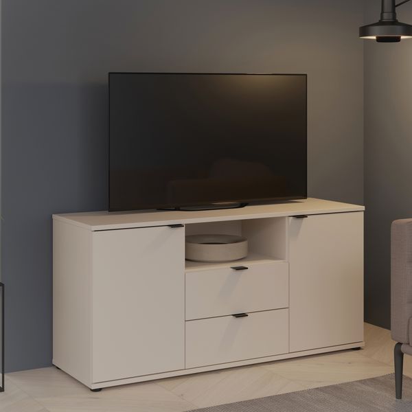Forte GANYMEDE TV-Schrank 130, minimalistisches Lowboard, 2-türig, 2 Schubladen, offenes Fach, Holzwerkstoff, Wohnzimmer, Kaschmir Beige, 129,8 cm breit x 63,1 cm hoch x 41,3 cm tief