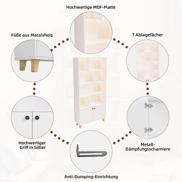 Bücherregal Weiss 80x30 cm mit LED Beleuchtung App Steuerung Massivholz Beine 2 Türen Schrank Wohnzimmer Regal Bild 6