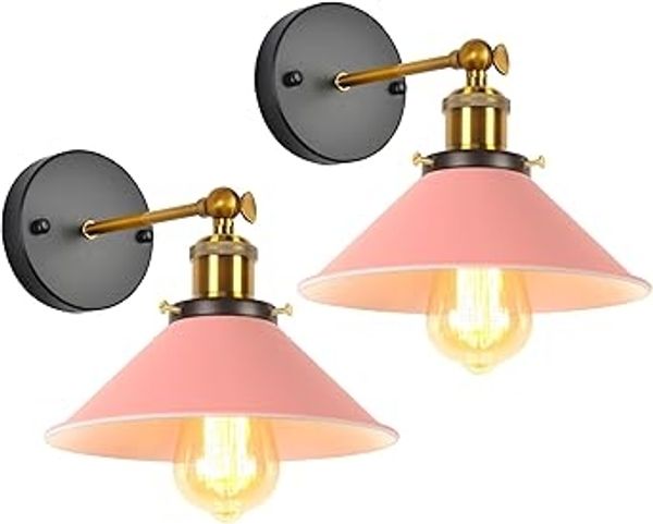 iDEGU 2er-Set: Wandleuchten im Vintage-Edison-Stil — Design mit Lampenschirm, E27-Fassung, Metallgestell, Retro-Innenbeleuchtung — Geeignet fur Kinderzimmer, Wohnzimmer und Flure — 220 mm (Rosa)