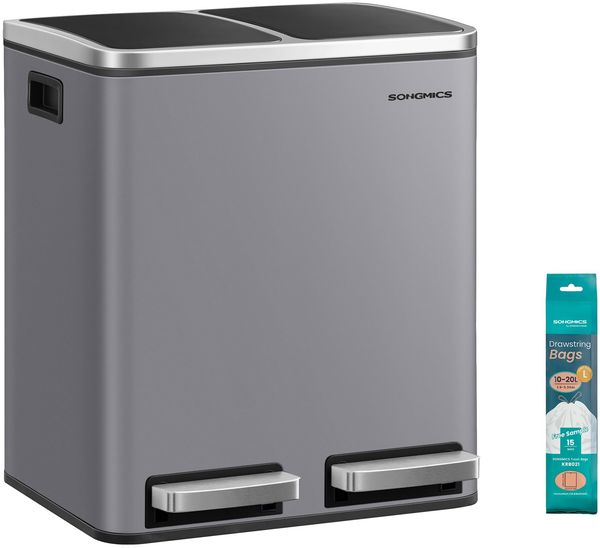 SONGMICS Mülleimer Küche, 2x15 Liter, Mülltrennsystem 2 Fächer, inklusive 15 Müllbeutel, Abfalleimer, Treteimer, recycelbare Abfälle, Biomüll, Softclose-Deckel, mattgrau LTB030G01