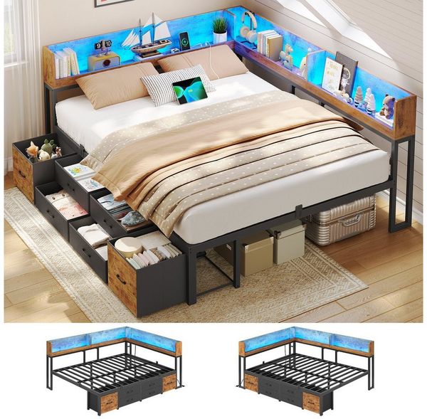 MSMASK Daybett Schlafsofa mit LED-Beleuchtung & Ladestation, Jugendbett Kinderbett, mit Integriertem Bücherregal & 6 Schubladen, 140x190cm