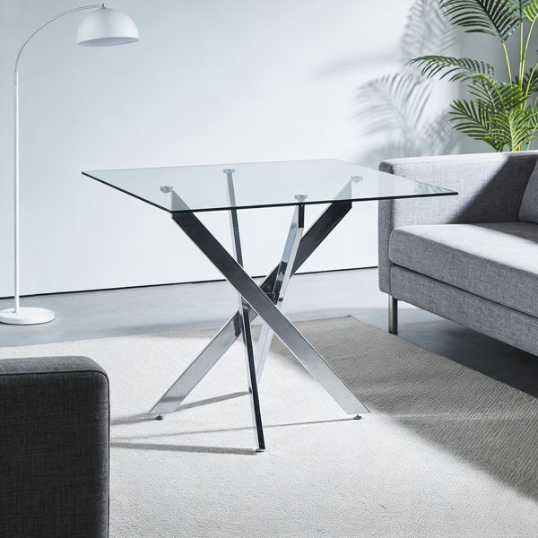 Esstisch 80x80x75 cm mit Glasplatte und Metallgestell in Silber
