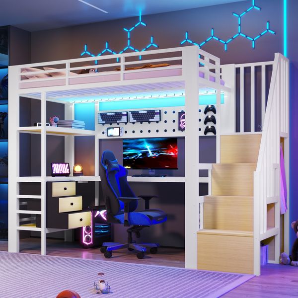 Merax Hochbett, Kinderbett 90 x 200 cm, Einzelbett, Metallbett, mit Ablagefläche, Schublade, Lochwand, Tisch, Steckdose, LED-Licht, ohne Matratze, Weiß