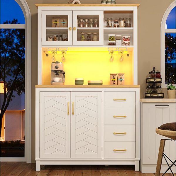 Flieks Küchenbuffet mit Arbeitsplatte in Holzoptik, LED-Beleuchtung, Glastür und Schublade (1-St, B105,5/T40/H180 cm) Hochschrank Küchenschrank Mehrzweckschrank Geschirrschrank Weiß
