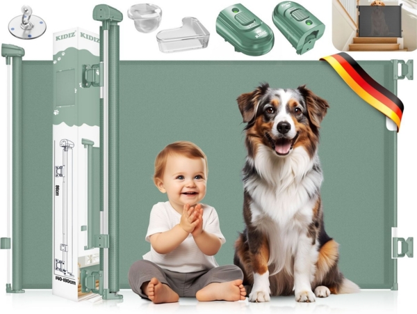 KIDIZ® Treppenschutzgitter Türschutzgitter ausziehbar bis 140/180cm | kindersicheres Treppengitter für Babys & Haustiere | Schutzgitter Treppen & Türen Absperrgitter inkl. Bodenanker & Montagezubehör Dunkelgrün, 0-140cm