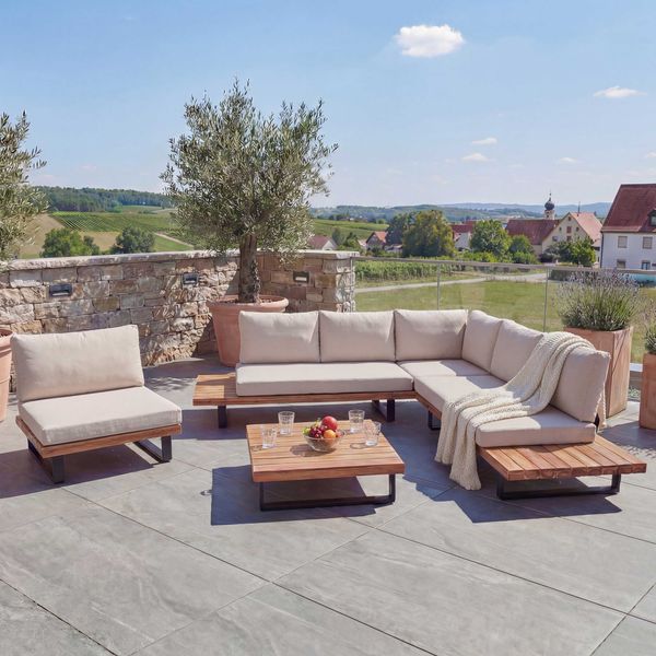 Garten-Garnitur mit Sessel HWC-H54, Lounge-Set Sofa, Spun Poly Akazie Holz FSC® Aluminium ~ hellbraun, Polster beige