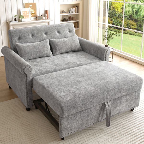 Flieks 3-in-1 Schlafsofa mit Ausziehfunktion, 2-Sitzer Chenille Sofa mit verstellbarer Rückenlehne & Gästebett, Klappsofa inkl. Kissen, Grau
