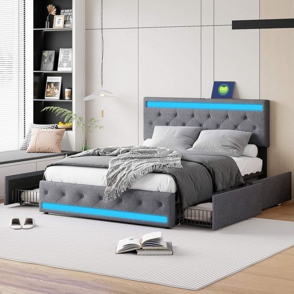 Furnishings Home Polsterbett Doppelbett Stauraumbett, Mit 4 Schubladen + LED + Anschluss (Set, Bett), Mit LED-Beleuchtung, USB & Type-C, Leinen, 140x200 cm