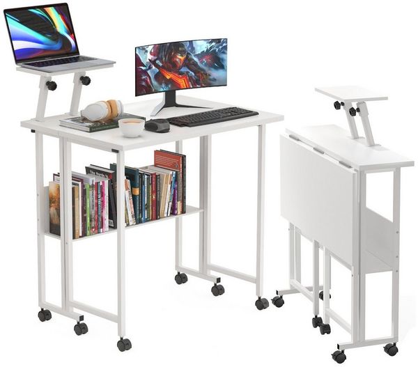 JEOBEST Schreibtisch Kleiner klappbarer Computertisch mit Regal und Rollen, (1-St. Tisch mit erhöhter Monitorablage) Faltbarer Bürotisch