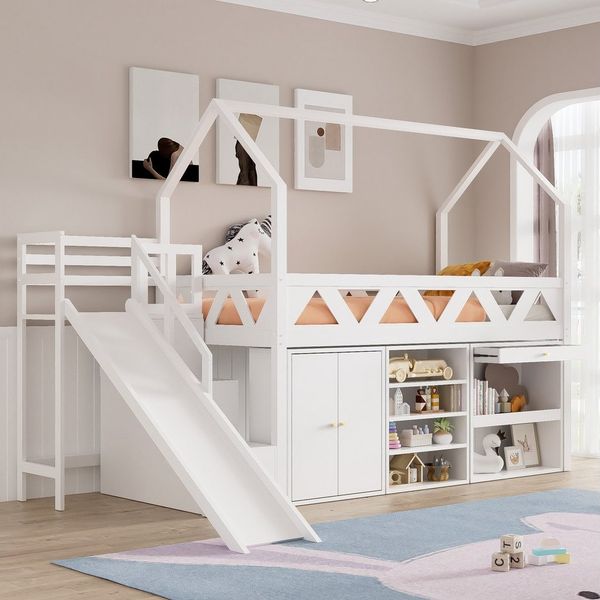 Odikalo Kinderbett Einzelbett mit Rutsche und magnetischer Tür,ohne Matratze weiß,90*200