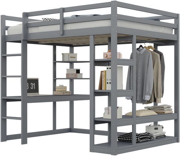 Hochbett mit Leiter, Massivholz, mit Tisch und Regalen, einfachen Aufhängungen und Ablage, Laminat, Kinder- und Jugendbett, Doppelbett, Grau, 140 x 200 cm Bild 9