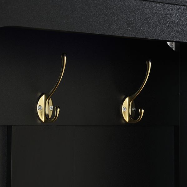 Garderobenschrank mit geschwungener Form, offenen Regalböden, Doppeltüren, Metallhaken, Zweifarben-Design, Flur Schrank,Schwarz& Natur