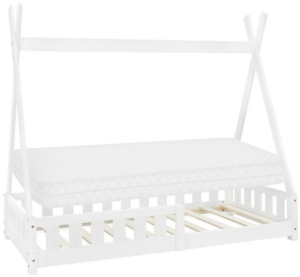 ML-DESIGN Spielbett Hausbett Tipi Zeltbett inkl. Lattenrost Bodenbett Kinder Himmelbett, Abenteuerbett mit Rausfallschutz Zelt Bett Kiefer Weiß Kinderhaus