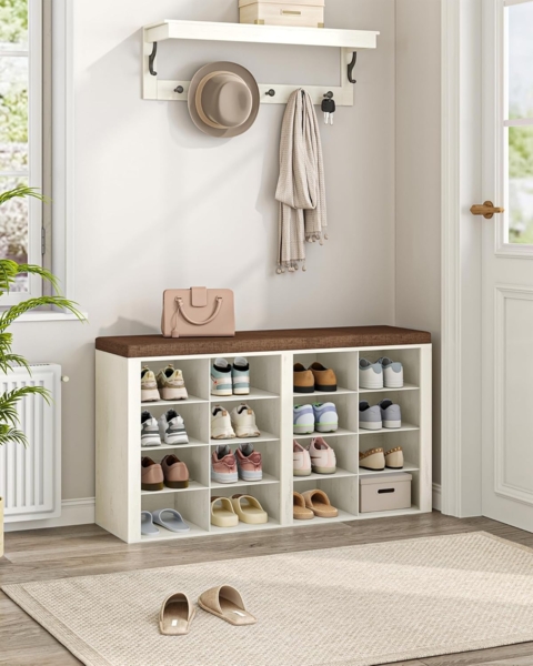 Schuhbank mit Sitzfläche, Schuhschrank mit Sitzbank mit 16 Fächern, Eingangsbank Verstellbaren Ablagen für Wohnzimmer, Schlafzimmer, Flur, Vintagebraun-Weiß