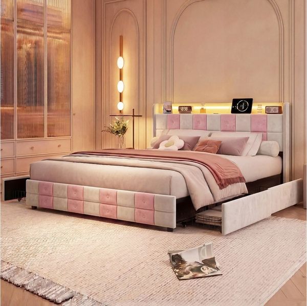 Simurq Polsterbett Schubladenbett Dopplebett Bettgestell (1-tlg, Kopfteil mit Stauraum,Samt,160x200 cm), Mit LED-Beleuchtung, 4 Schubladen, Ladestation