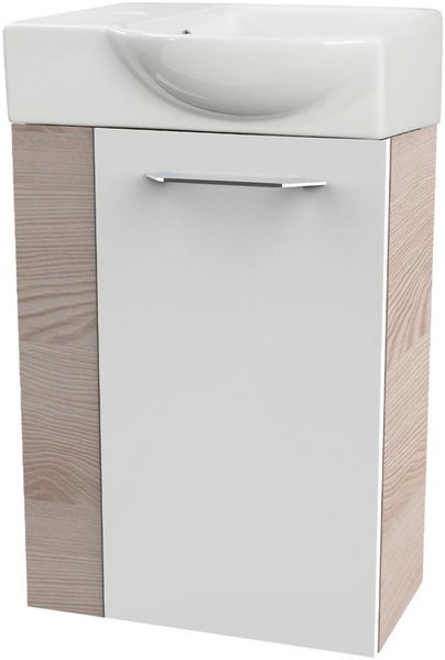 FACKELMANN SBC B.CLEVER Gäste WC Waschtisch Set 45 cm breit, Weiß/Braun hell, Waschbecken Keramik Weiß, Türanschlag rechts