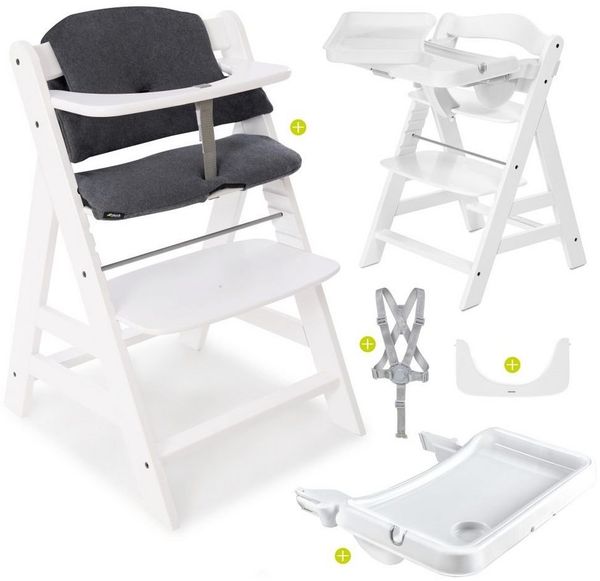 Hauck Hochstuhl Alpha Plus Weiß, Holz Kinderhochstuhl Babystuhl mit Essbrett, Sitzkissen - verstellbar
