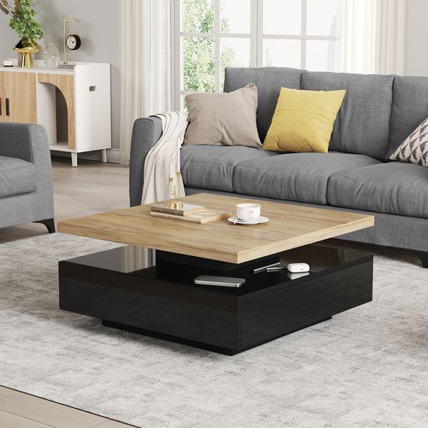 Couchtisch, Spanplatte mit 360° Drehmechanismus, 70x70x36 cm, Walnuss & Schwarz