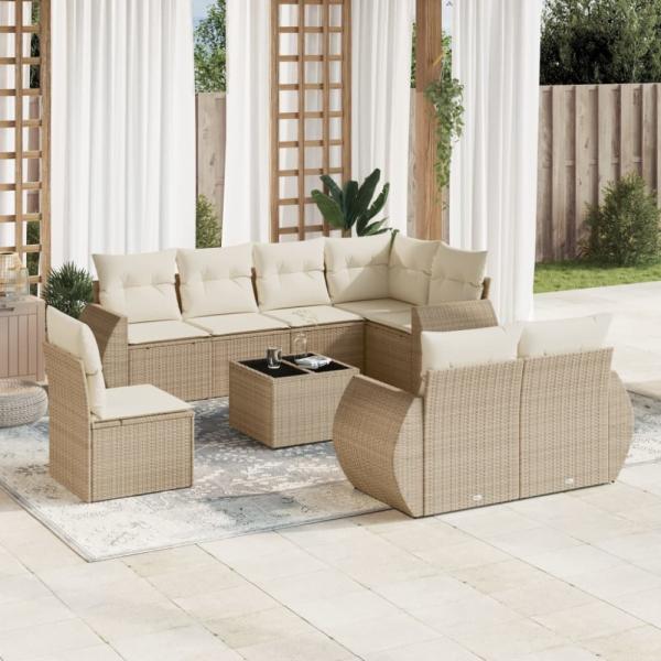 vidaXL 9-tlg. Garten-Sofagarnitur mit Kissen Beige Poly Rattan 3221647