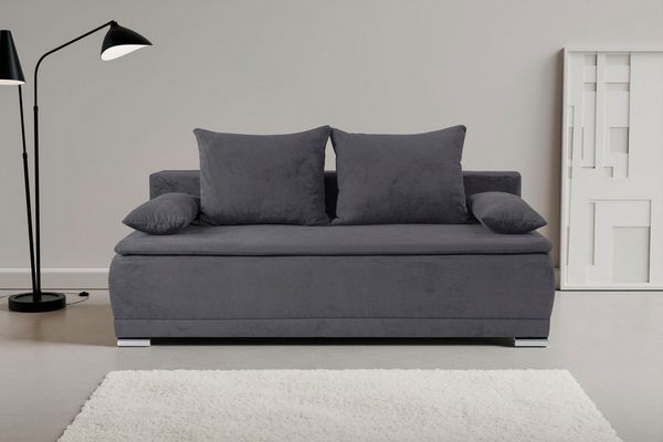 WERK2 Schlafsofa Biggi komfortabel & elegant, Schlaffunktion, Bettkasten, Breite 206 cm, inkl. losen Kissen, Struktur weich ASTON, dunkelgrau