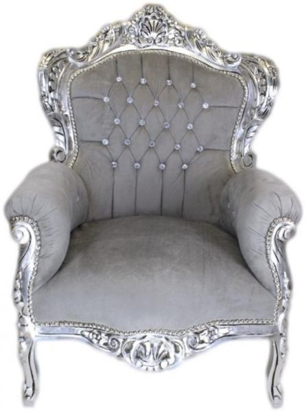 Casa Padrino Barock Sessel King Grau Samtstoff / Silber mit Bling Bling Glitzersteinen